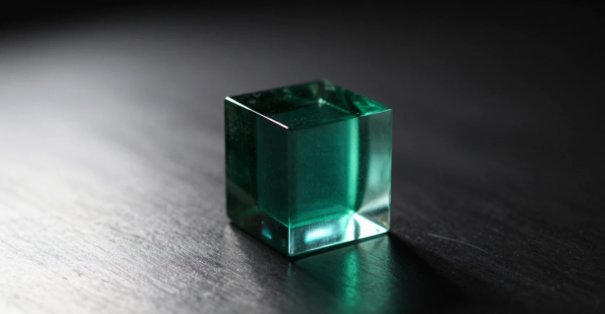 A translucent emerald glass cube on brushed dark metal, generated from a text prompt